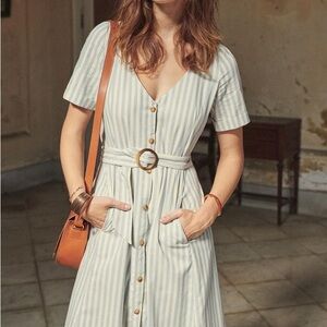 Sezane Blue and White Striped Midi Dress with Belt